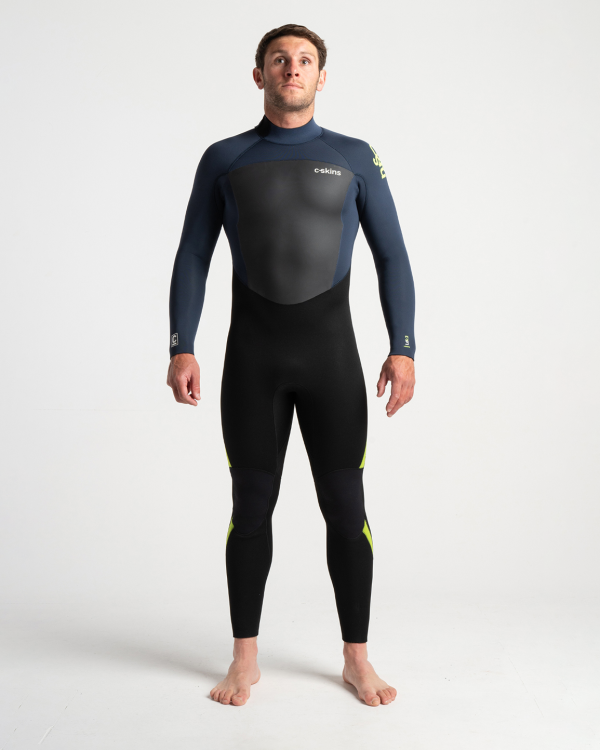 Mens Legend 4/3mm Back Zip Wetsuit in Black, Bluestone & Lime